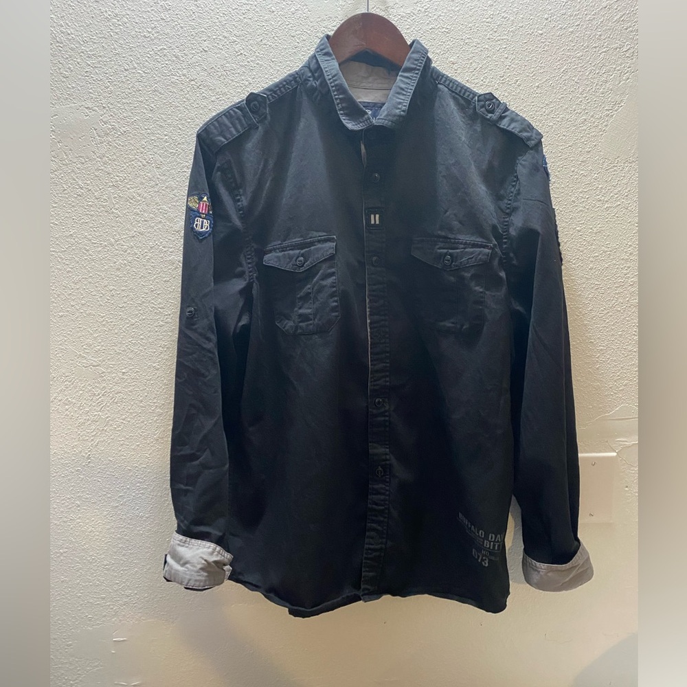 Buffalo David Bitton Mens Size XL Black Shirt with patches- Military‎  Inspired